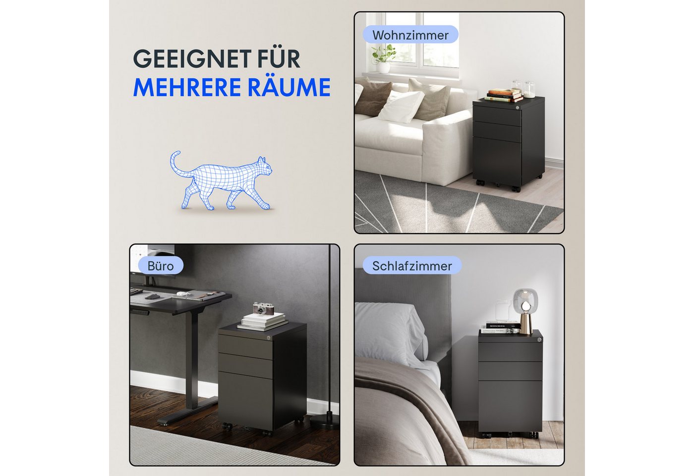 FLEXISPOT Rollcontainer Aufbewahrungsschrank, Büroschrank MIT Schloss, vormontiert, (inkl. 3 Schubladen, grundsolide Verarbeitung, Bürocontainer mit Schubladen  – Bild 5 von 5