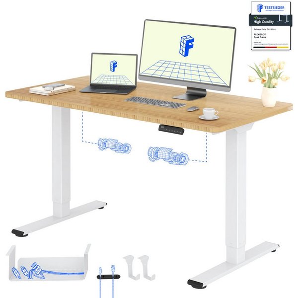 FLEXISPOT Schreibtisch Basic Plus höhenverstellbarer Schreibtisch mit Premium-Zubehör-Set (2 Motore & 2-Fach-Teleskop & 4 Höhenspeichertasten), MIT 19MM Bambus 