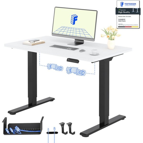 FLEXISPOT Schreibtisch Basic Plus höhenverstellbarer Schreibtisch mit Premium-Zubehör-Set (2 Motore & 2-Fach-Teleskop & 4 Höhenspeichertasten), MIT 25MM einteil