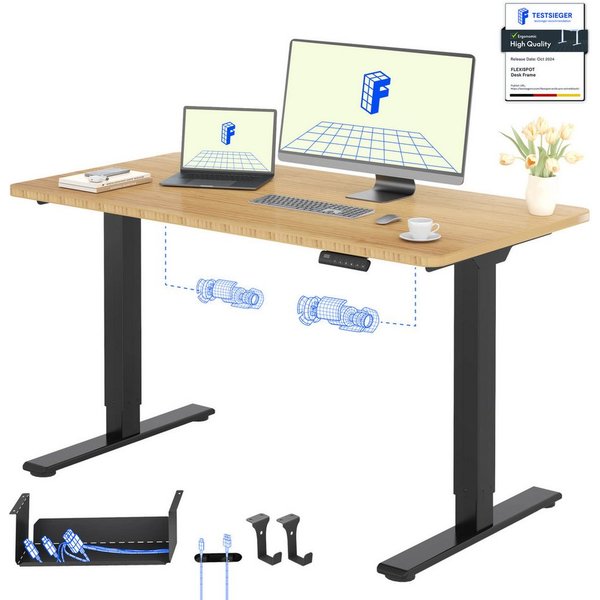 FLEXISPOT Schreibtisch Basic Plus höhenverstellbarer Schreibtisch mit Premium-Zubehör-Set (2 Motore & 2-Fach-Teleskop & 4 Höhenspeichertasten), MIT 19MM Bambus 