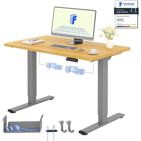 FLEXISPOT Schreibtisch Basic Plus höhenverstellbarer Schreibtisch mit Premium-Zubehör-Set (2 Motore & 2-Fach-Teleskop & 4 Höhenspeichertasten), MIT 25MM einteil