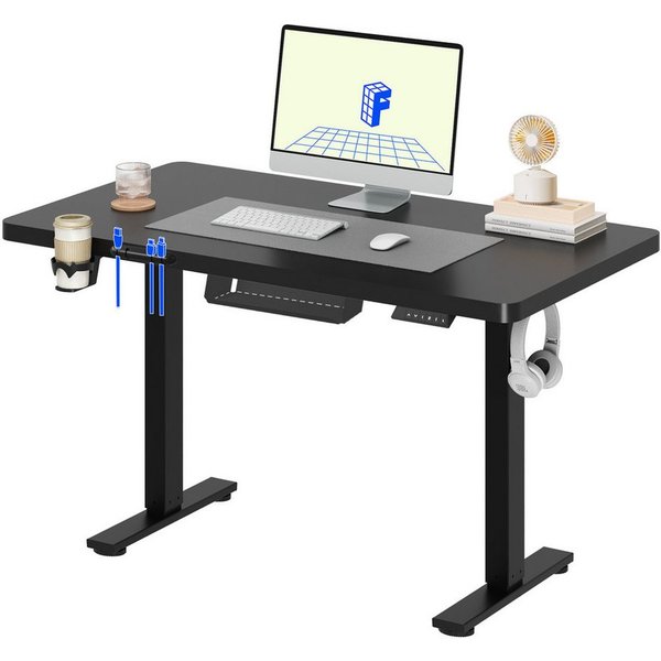 FLEXISPOT Schreibtisch Basic-Series Elektrisch höhenverstellbarer Schreibtisch (Anti-Kollisions-system, 2- Fach-Teleskop, mit Becherhalter & Kabelkanal & Haken 