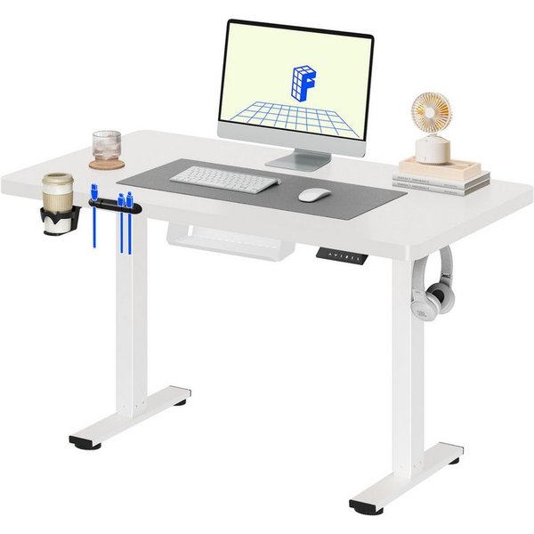 FLEXISPOT Schreibtisch Basic-Series Elektrisch höhenverstellbarer Schreibtisch (Anti-Kollisions-system, 2- Fach-Teleskop, mit Becherhalter & Kabelkanal & Haken 