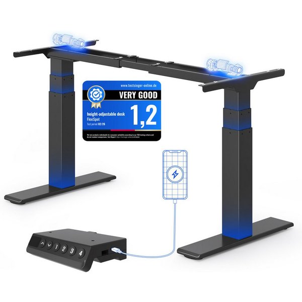 FLEXISPOT Schreibtisch E200 Elektrisch höhenverstellbarer Schreibtisch mit Dualmotor (2 Motore, 3-Fach-Teleskop, 4 Speicherplätze, höhenverstellbar von 60–125 c