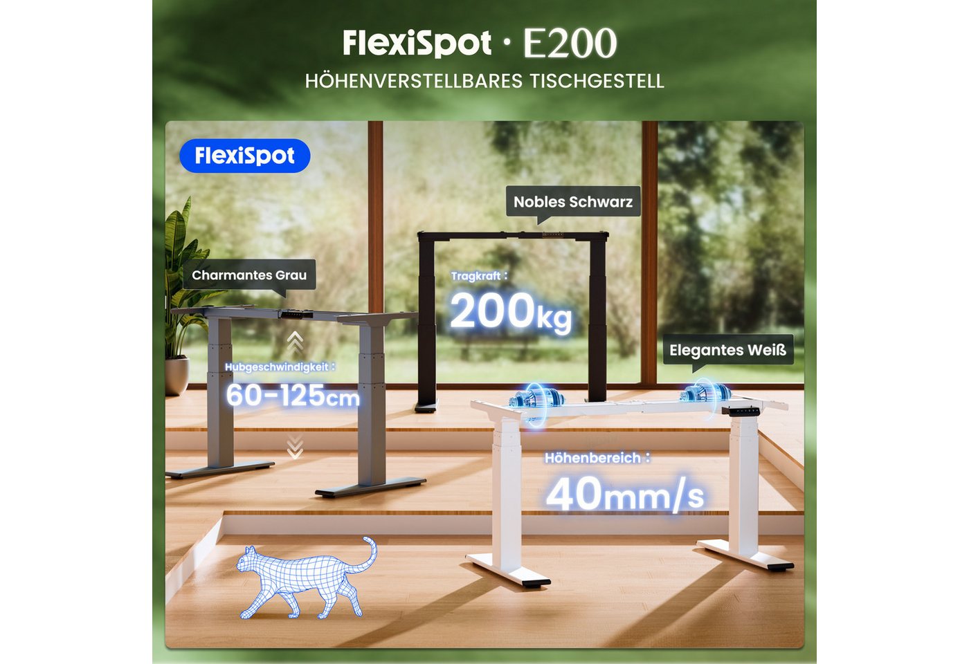 FLEXISPOT Schreibtisch E200 Elektrisch höhenverstellbarer Schreibtisch mit Dualmotor (2 Motore, 3-Fach-Teleskop, 4 Speicherplätze, höhenverstellbar von 60–125 c – Bild 2 von 5