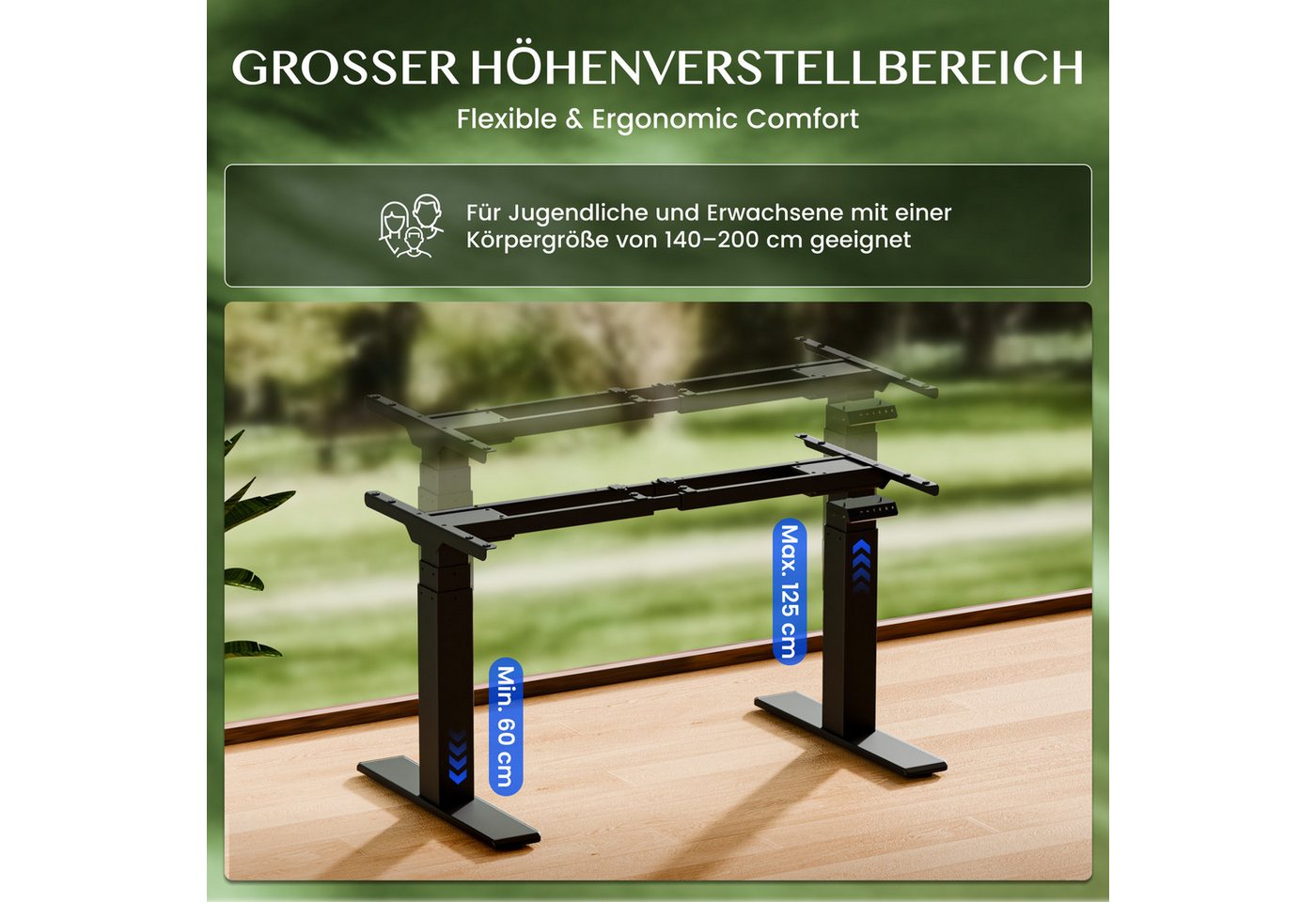 FLEXISPOT Schreibtisch E200 Elektrisch höhenverstellbarer Schreibtisch mit Dualmotor (2 Motore, 3-Fach-Teleskop, 4 Speicherplätze, höhenverstellbar von 60–125 c – Bild 5 von 5