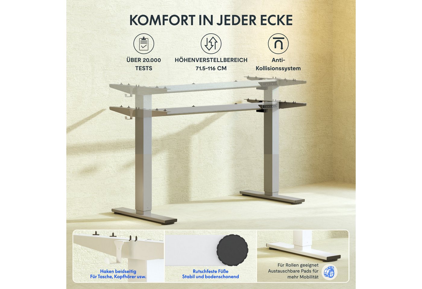 FLEXISPOT Schreibtisch Elektrisch höhenverstellbares Tischgestell, Schwarz/Weiß/Grau/Mousse (1-St., 4 Höhen-Speicherplätze, Anti-Kollisionssystem), Einfache Bed – Bild 2 von 5
