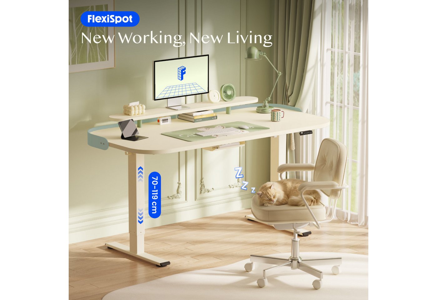 FLEXISPOT Schreibtisch Moderner elektrisch höhenverstellbarer Schreibtisch mit Monitorablage (70–119 cm höhenverstellbar, 6-Tasten Memory-Steuerung, stabiler St – Bild 2 von 5