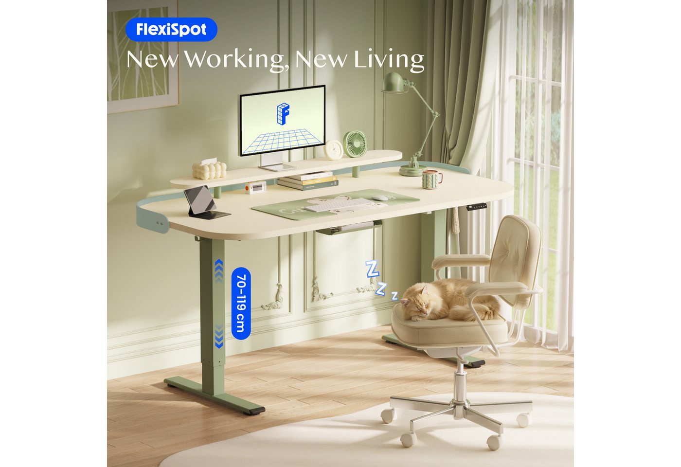 FLEXISPOT Schreibtisch Moderner elektrisch höhenverstellbarer Schreibtisch mit Monitorablage (70–119 cm höhenverstellbar, 6-Tasten Memory-Steuerung, stabiler St – Bild 2 von 5
