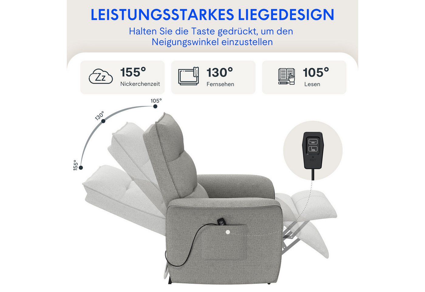 FLEXISPOT Sessel Elektrischer Einzelsessel – Ergonomischer Fernsehsessel, verstellbar (105°–155° Rückenlehnenverstellung, kompakte Bauweise & komfortable Sitzpo – Bild 2 von 5