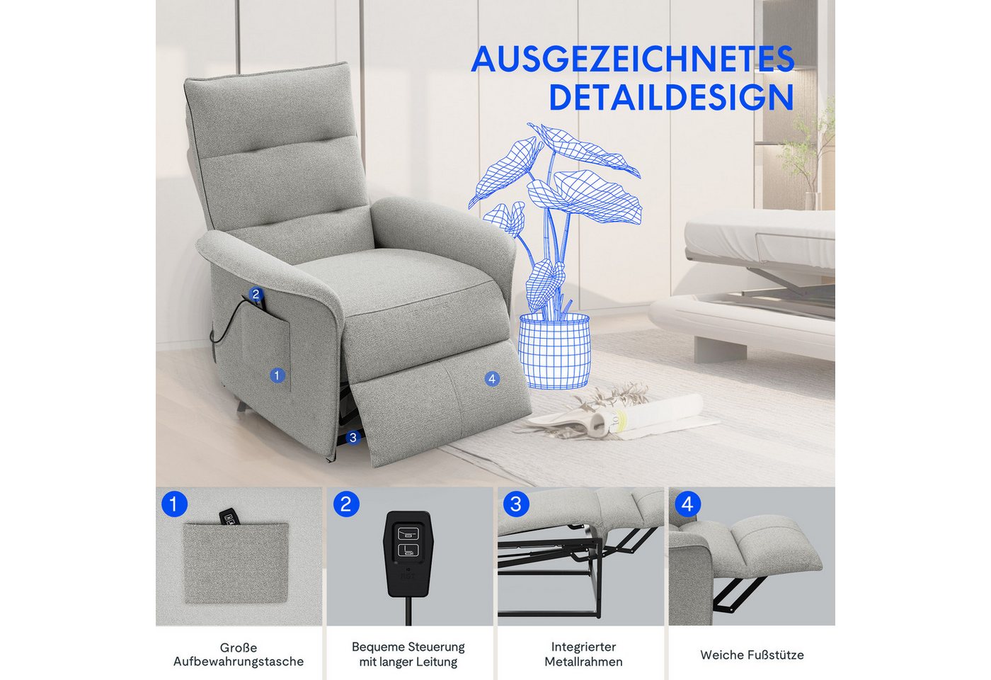 FLEXISPOT Sessel Elektrischer Einzelsessel – Ergonomischer Fernsehsessel, verstellbar (105°–155° Rückenlehnenverstellung, kompakte Bauweise & komfortable Sitzpo – Bild 3 von 5