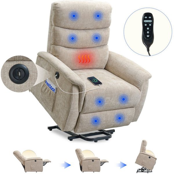 FLEXISPOT Sessel Multifunktionaler Elektrischer Relaxsessel Mit Aufstehhilfe (mit Sitzheizung-, Massage- und Liegefunktion, USB-Ladeanschluss und zusätzlicher S
