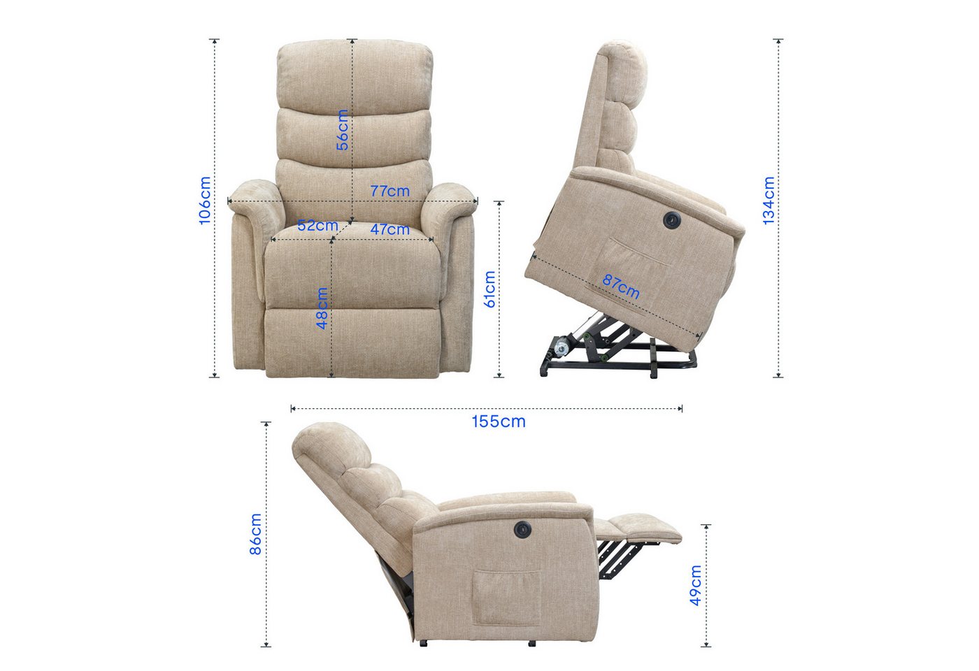 FLEXISPOT Sessel Multifunktionaler Elektrischer Relaxsessel Mit Aufstehhilfe (mit Sitzheizung-, Massage- und Liegefunktion, USB-Ladeanschluss und zusätzlicher S – Bild 2 von 5