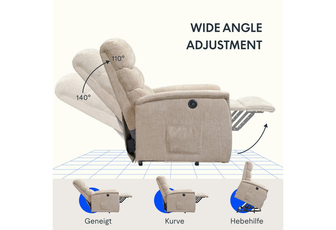 FLEXISPOT Sessel Multifunktionaler Elektrischer Relaxsessel Mit Aufstehhilfe (mit Sitzheizung-, Massage- und Liegefunktion, USB-Ladeanschluss und zusätzlicher S – Bild 4 von 5