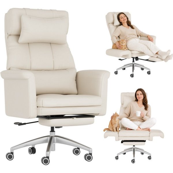 FLEXISPOT Stuhl Haustierfreundlicher Bürostuhl Chefsessel mit 180° Klapparmlehnen (Erweiterbare Sitzfläche bis 112 cm, kratzfestem Katzenkrallenleder, Fußstütze