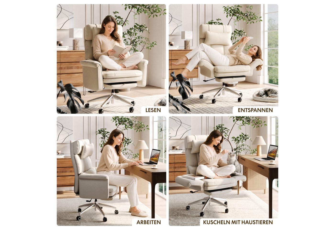 FLEXISPOT Stuhl Haustierfreundlicher Bürostuhl Chefsessel mit 180° Klapparmlehnen (Erweiterbare Sitzfläche bis 112 cm, kratzfestem Katzenkrallenleder, Fußstütze – Bild 2 von 5