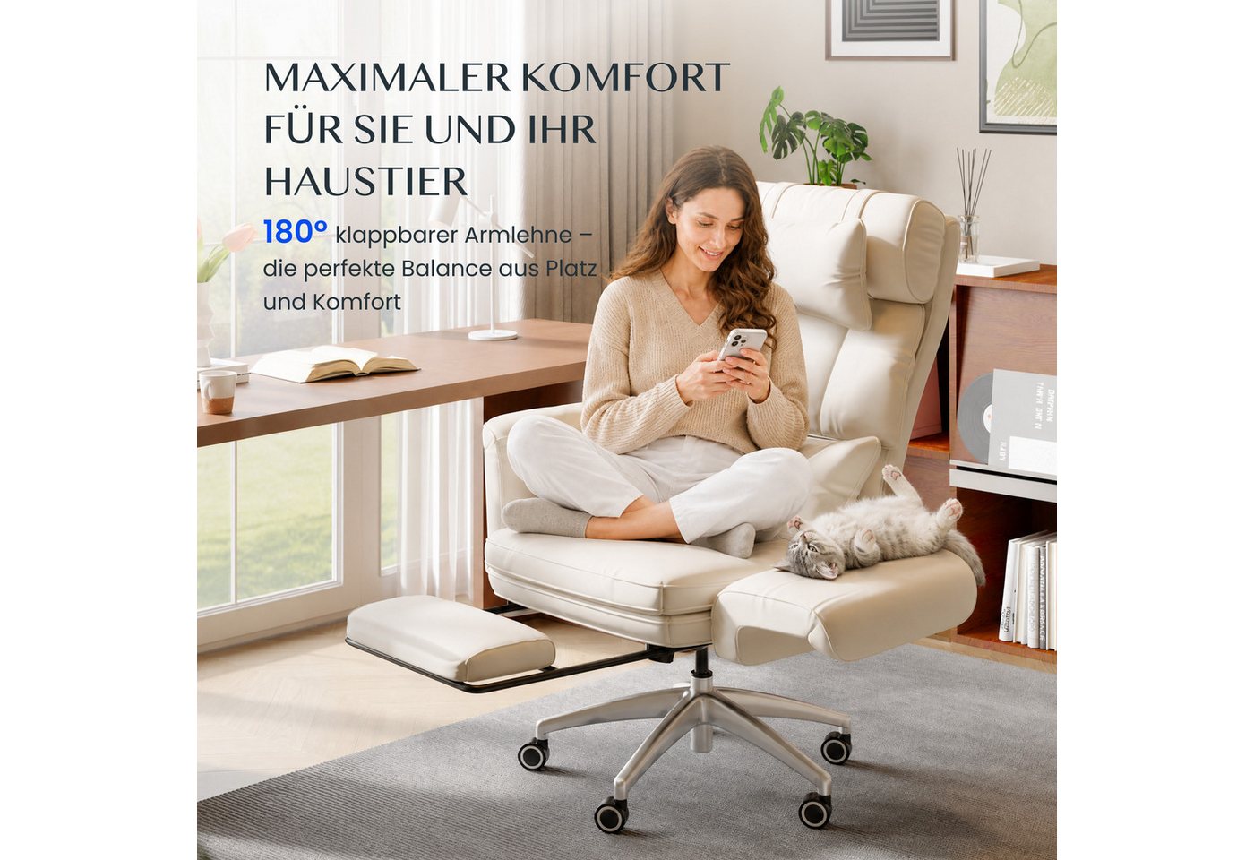 FLEXISPOT Stuhl Haustierfreundlicher Bürostuhl Chefsessel mit 180° Klapparmlehnen (Erweiterbare Sitzfläche bis 112 cm, kratzfestem Katzenkrallenleder, Fußstütze – Bild 3 von 5