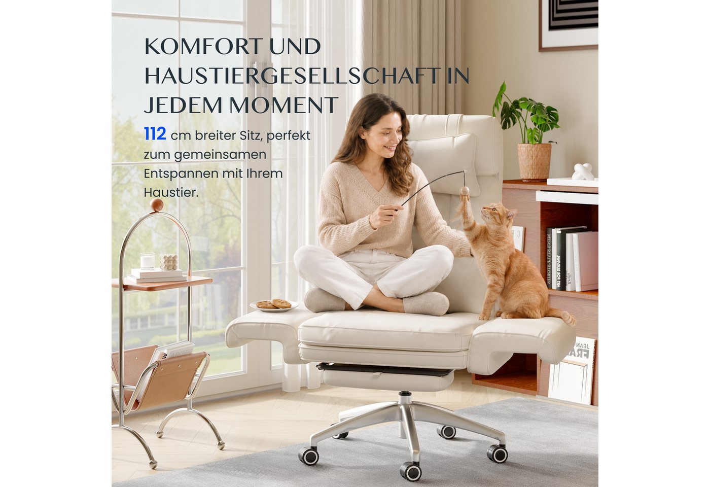 FLEXISPOT Stuhl Haustierfreundlicher Bürostuhl Chefsessel mit 180° Klapparmlehnen (Erweiterbare Sitzfläche bis 112 cm, kratzfestem Katzenkrallenleder, Fußstütze – Bild 4 von 5