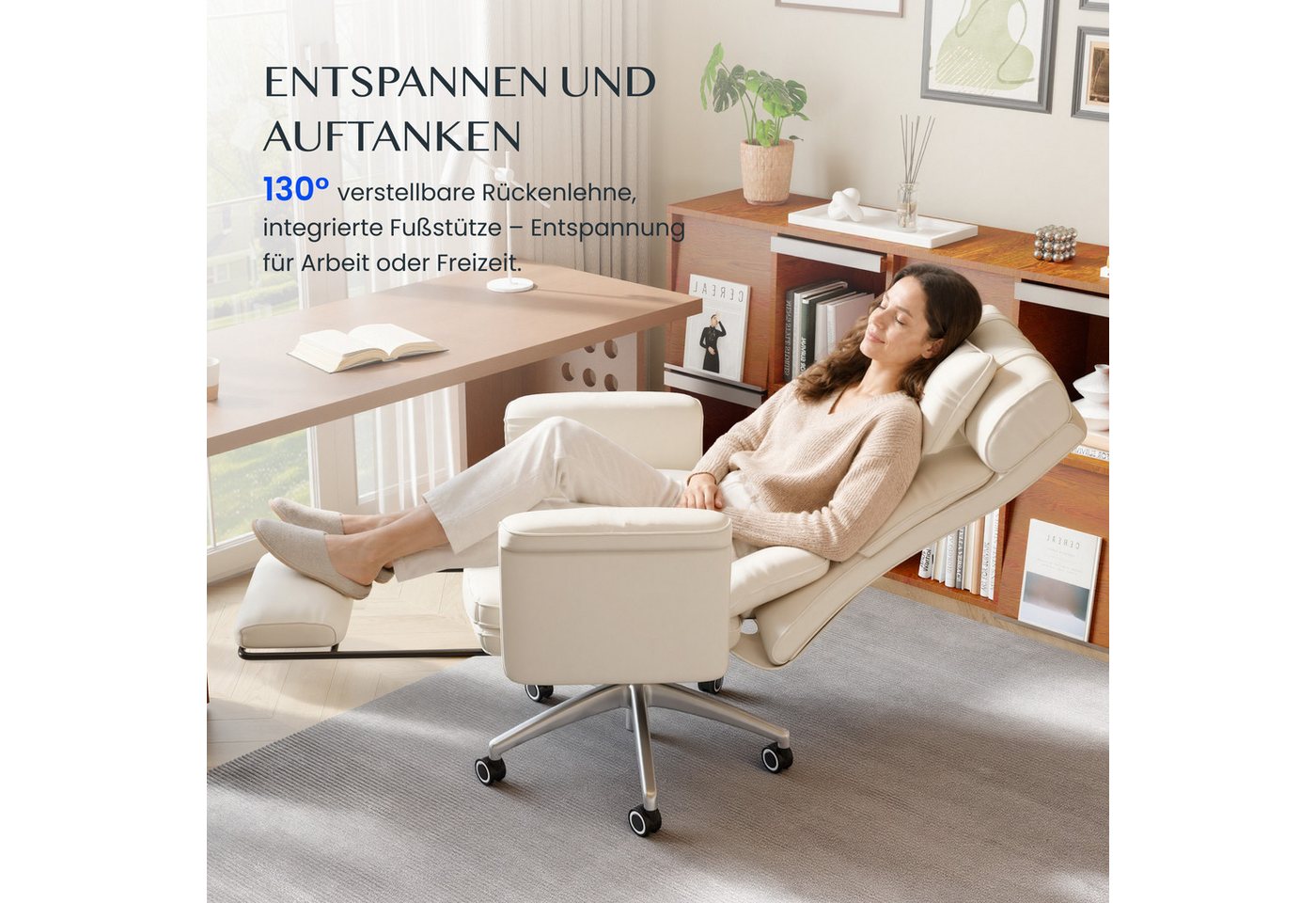 FLEXISPOT Stuhl Haustierfreundlicher Bürostuhl Chefsessel mit 180° Klapparmlehnen (Erweiterbare Sitzfläche bis 112 cm, kratzfestem Katzenkrallenleder, Fußstütze – Bild 5 von 5