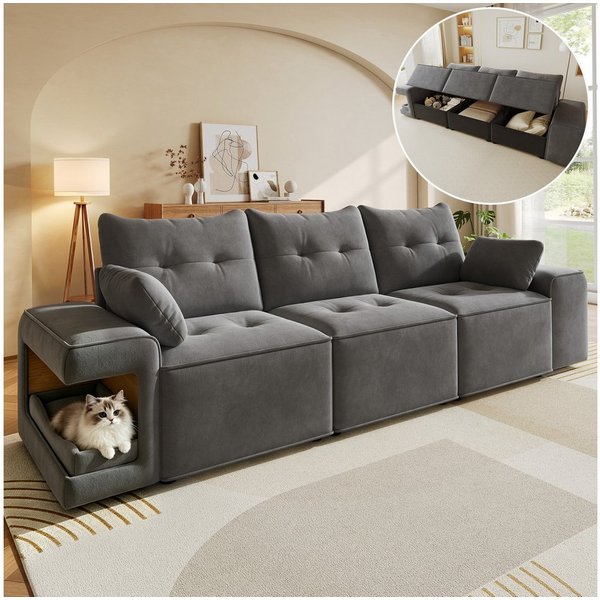 Flieks 3-Sitzer modulares Schlafsofa mit Stauraum & gepolstertem Haustierbereich, 229,5x78x84 cm, Cloud-Sofa Couch inkl. 2 Zierkissen Big-Sofa Samtstoff Beige