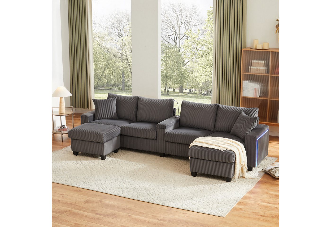 Flieks 4-Sitzer Sofa mit Leselampe, LED-Beleuchtung, Getränkehalter & USB/Type-C, Set, U-förmiges Polstersofa inkl. 2 Hocker mit Stauraum, Cordstoff Beige – Bild 2 von 5