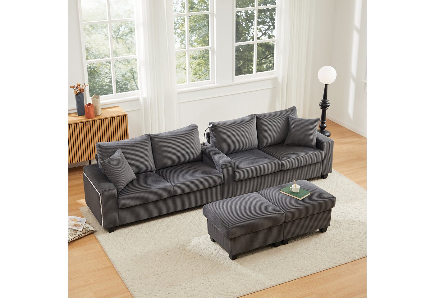 Flieks 4-Sitzer Sofa mit Leselampe, LED-Beleuchtung, Getränkehalter & USB/Type-C, Set, U-förmiges Polstersofa inkl. 2 Hocker mit Stauraum, Cordstoff Beige – Bild 3 von 5