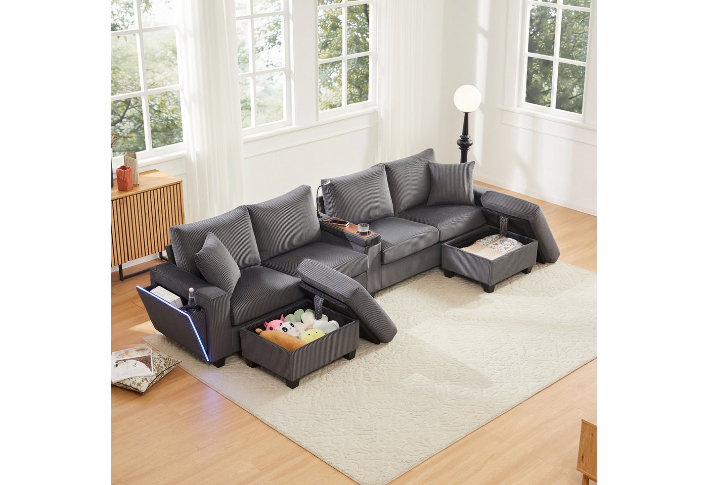 Flieks 4-Sitzer Sofa mit Leselampe, LED-Beleuchtung, Getränkehalter & USB/Type-C, Set, U-förmiges Polstersofa inkl. 2 Hocker mit Stauraum, Cordstoff Beige – Bild 4 von 5
