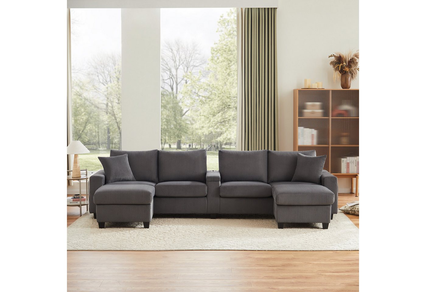 Flieks 4-Sitzer Sofa mit Leselampe, LED-Beleuchtung, Getränkehalter & USB/Type-C, Set, U-förmiges Polstersofa inkl. 2 Hocker mit Stauraum, Cordstoff Beige – Bild 5 von 5