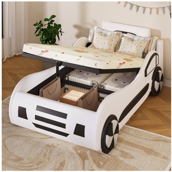 Flieks Autobett, Hydraulisches Kinderbett Spielbett mit Stauraum 90×200cm Kunstleder