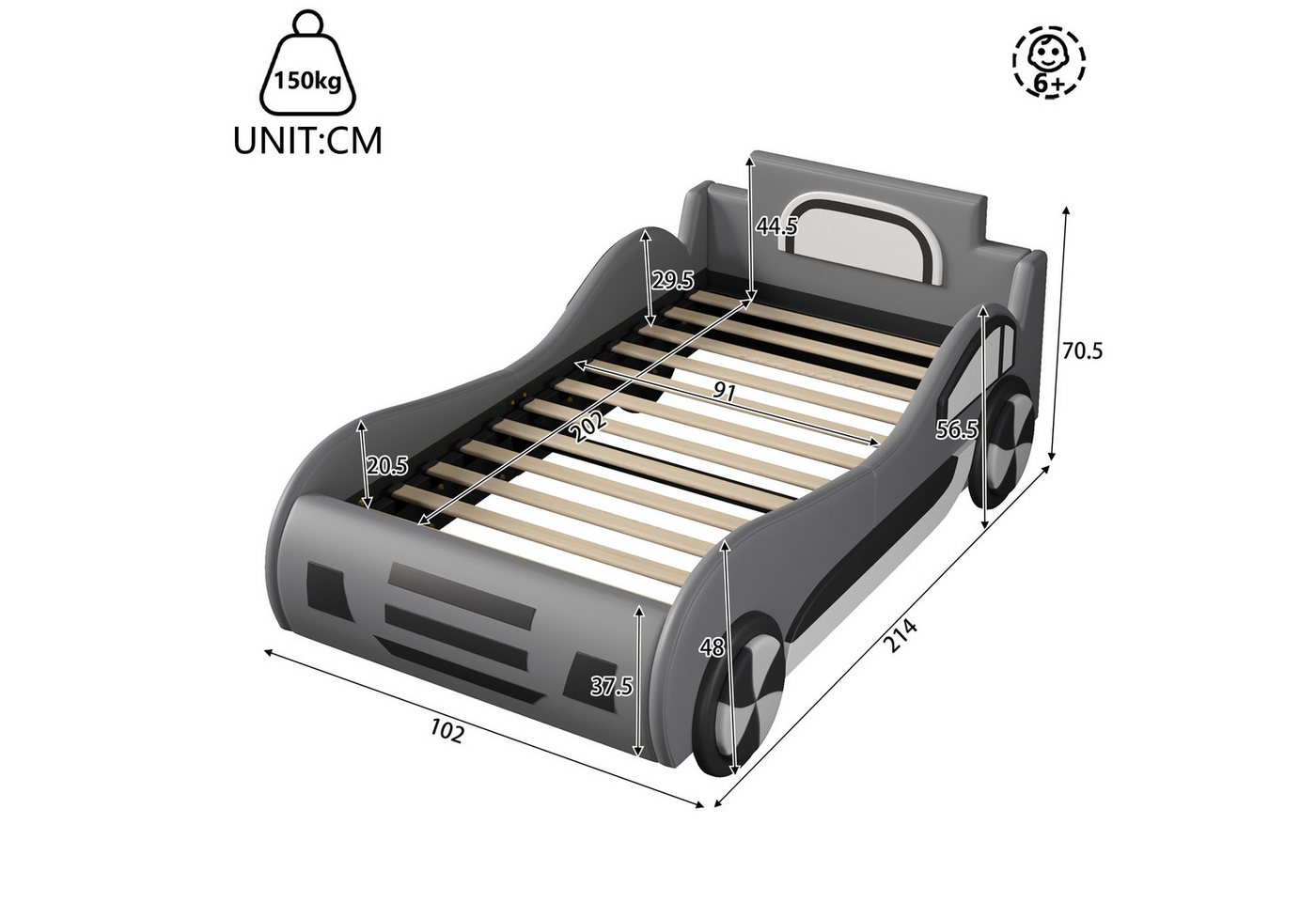 Flieks Autobett, Hydraulisches Kinderbett Spielbett mit Stauraum 90×200cm Kunstleder – Bild 4 von 5