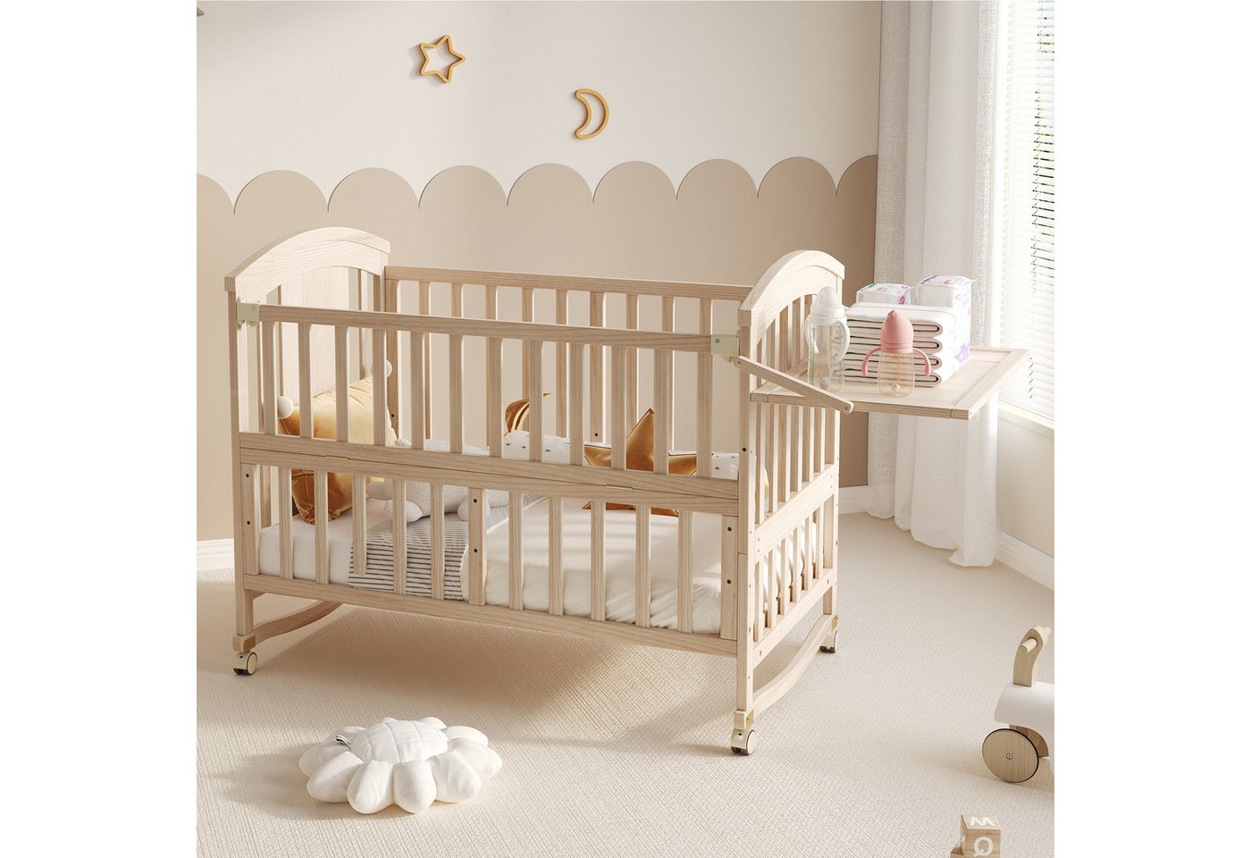 Flieks Babybett, Kinderbett Nebenbett 60x120cm/60x160cm mit abnehmbarer Seitengitter – Bild 2 von 5