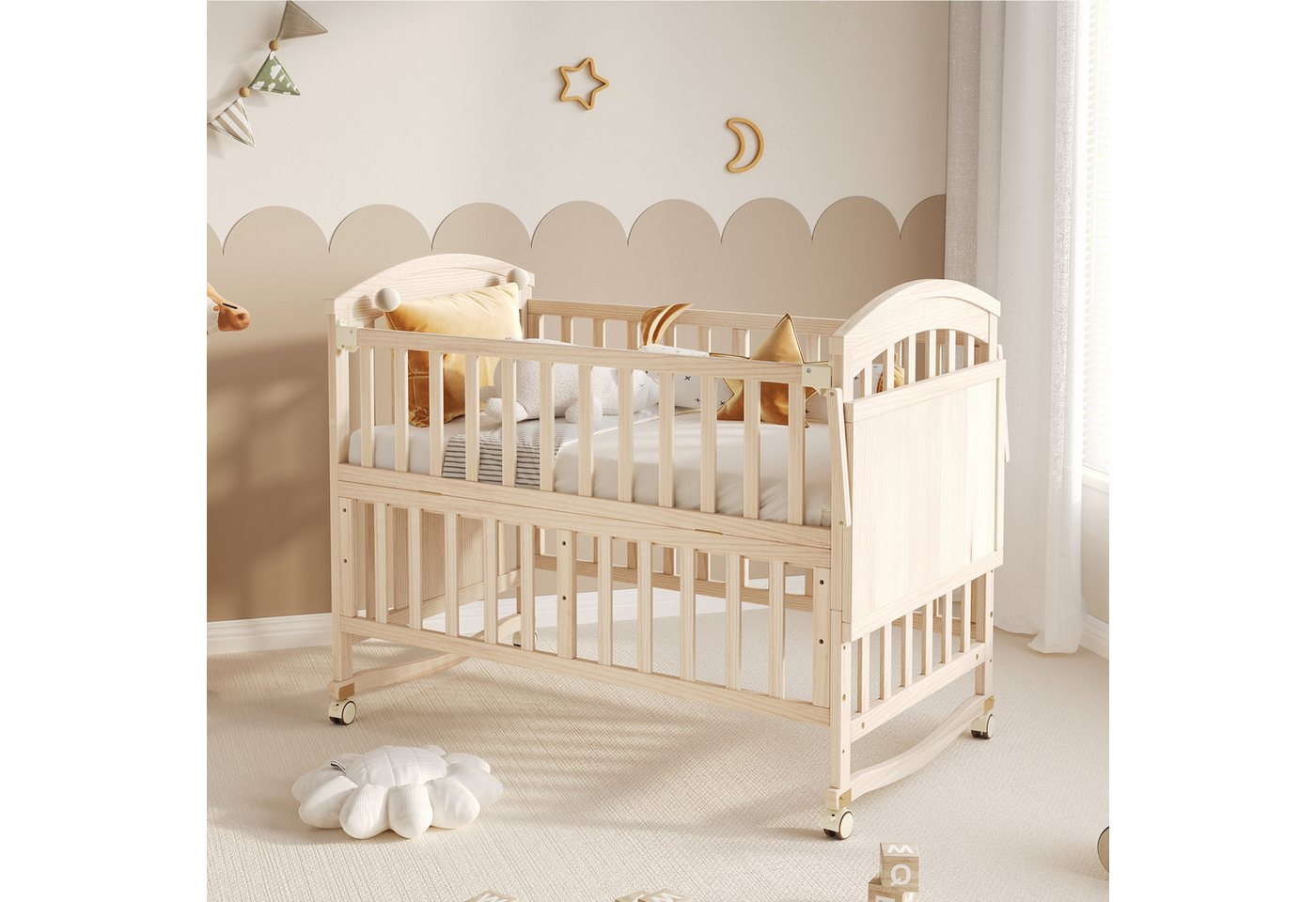 Flieks Babybett, Kinderbett Nebenbett 60x120cm/60x160cm mit abnehmbarer Seitengitter – Bild 3 von 5