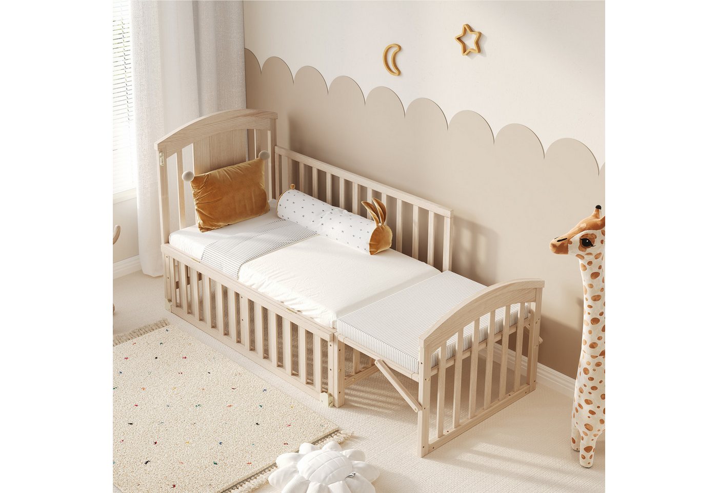 Flieks Babybett, Kinderbett Nebenbett 60x120cm/60x160cm mit abnehmbarer Seitengitter – Bild 4 von 5