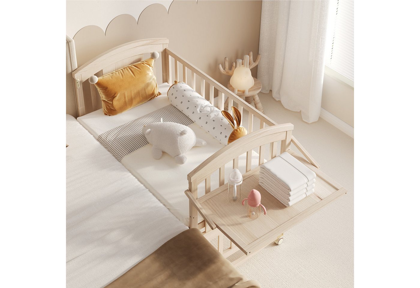 Flieks Babybett, Kinderbett Nebenbett 60x120cm/60x160cm mit abnehmbarer Seitengitter – Bild 5 von 5