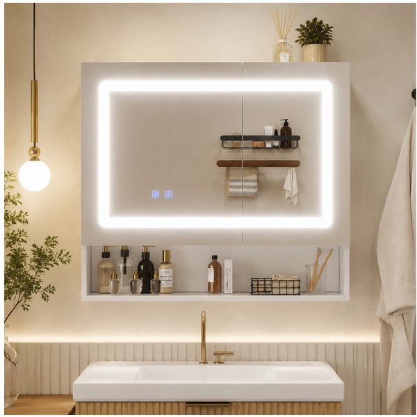 Flieks Badezimmerspiegelschrank Spiegelschrank mit Doppeltür, Ein-Knopf-Entfeuchtung, LED-Beleuchtung (80x17x70 cm, 1-St., Entnebelungsfunktion, Helligkeit eins