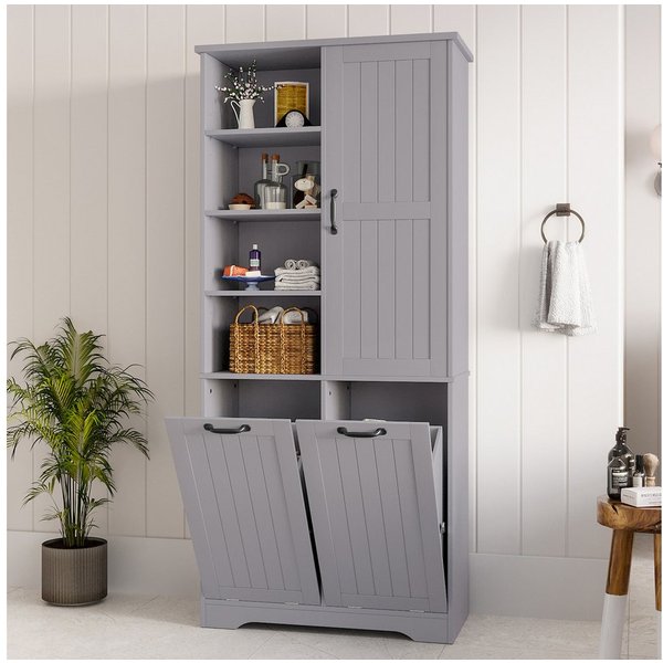 Flieks Badkommode Badezimmerschrank mit doppelter Wäschekorb und 7 Fächern (B78/T35/H172,7 cm, 1 St., Wäscheschrank mit verstellbaren Einlegeböden, Volllackieru