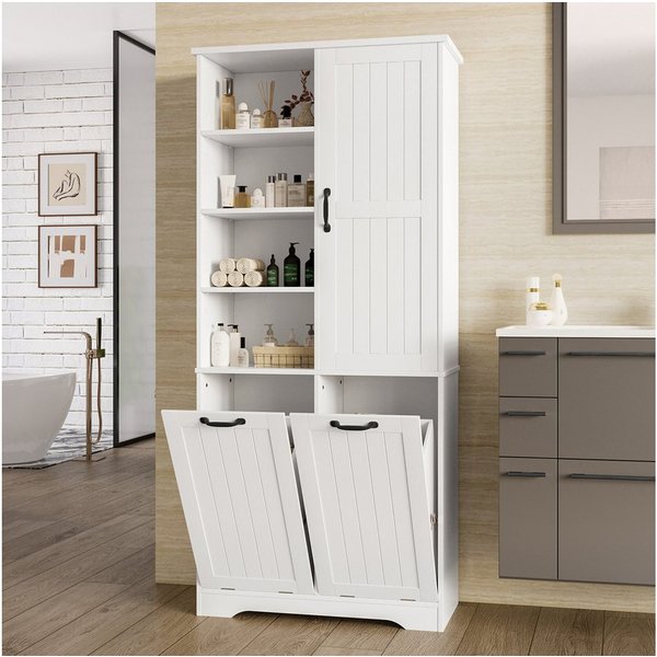 Flieks Badkommode Badezimmerschrank mit doppelter Wäschekorb und 7 Fächern (B78/T35/H172,7 cm, 1 St., Wäscheschrank mit verstellbaren Einlegeböden, Volllackieru