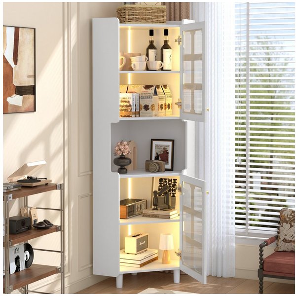 Flieks Badkommode Eckschrank mit LED-Beleuchtung und Glastüren (1 St., 63,5x45x157,5 cm), Hochschrank Mehrzweckschrank Eckkommode mit 5 Fächern Weiß