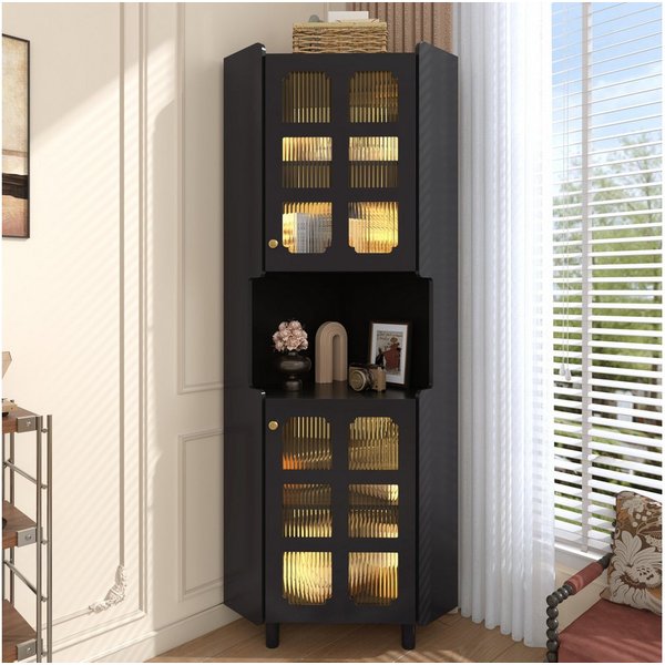 Flieks Badkommode Eckschrank mit LED-Beleuchtung und Glastüren (1 St., 63,5x45x157,5 cm), Hochschrank Mehrzweckschrank Eckkommode mit 5 Fächern Schwarz