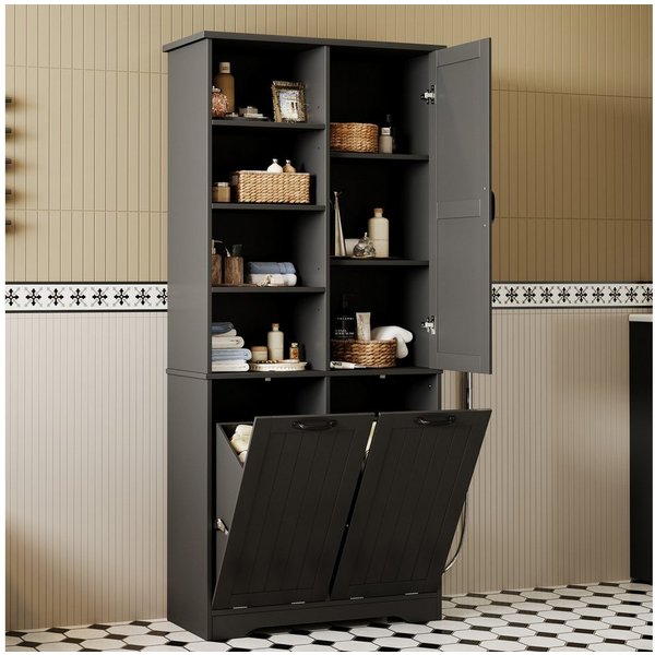 Flieks Badkommode Hochschrank mit doppelter Wäschekorb, 7 Fächern (B78/T35/H172,7 cm, 1 St., mit verstellbaren Einlegeböden und 2 Klappen), Badezimmerschrank fe