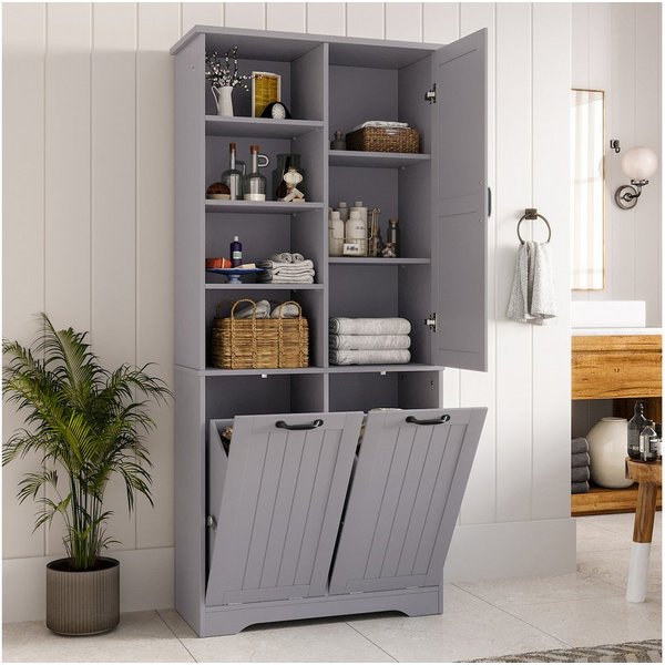 Flieks Badkommode Hochschrank mit doppelter Wäschekorb, 7 Fächern (B78/T35/H172,7 cm, 1 St., mit verstellbaren Einlegeböden und 2 Klappen), Badezimmerschrank fe