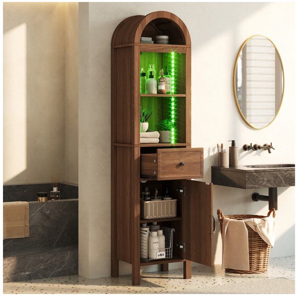 Flieks Badkommode schmal Hochschrank Bogenform mit LED-Beleuchtung, Schubladen (wendbare Tür Links-Rechts-Design, Magnetverschluss, Soft-Close-Funktion, 1 St., 