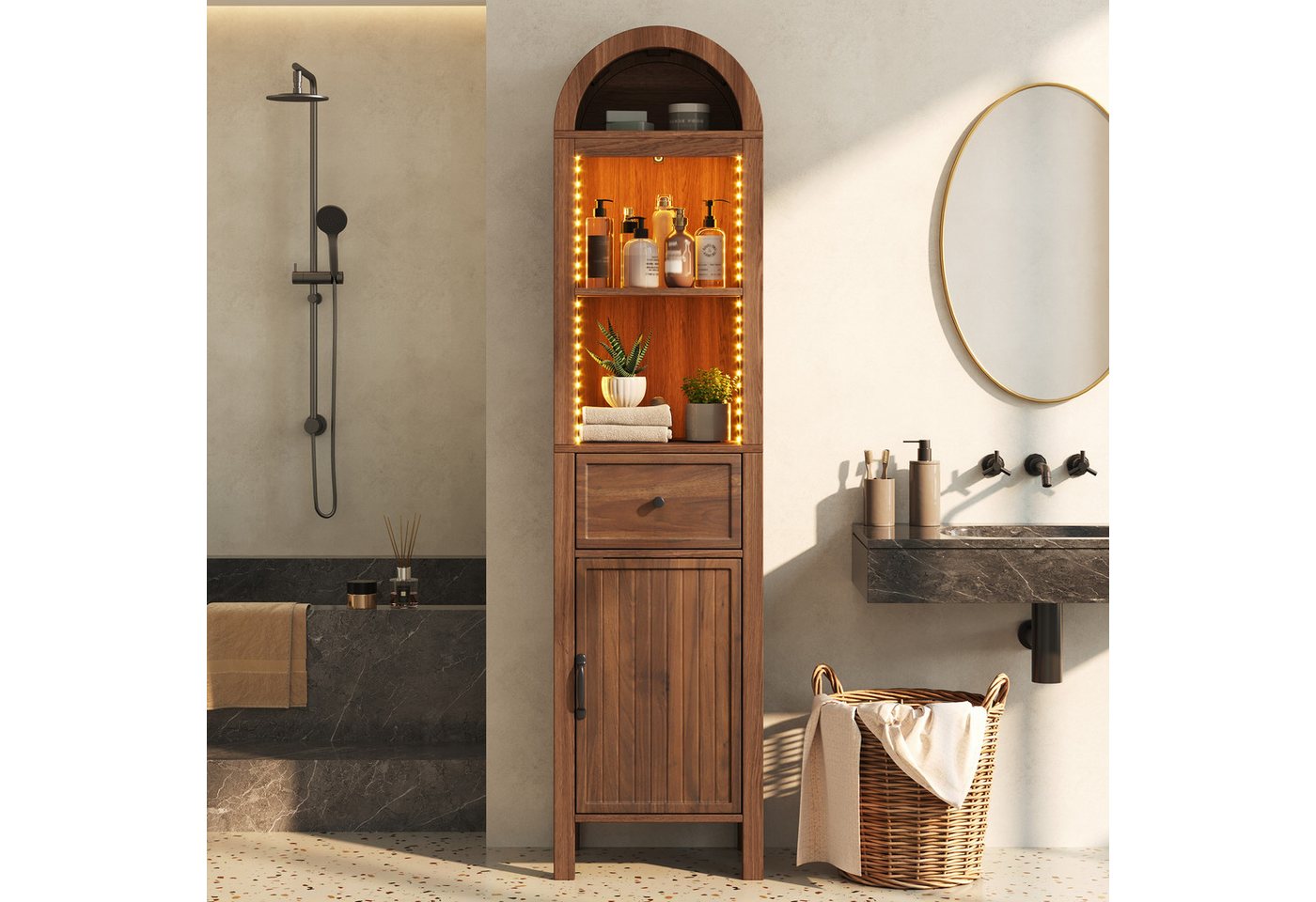 Flieks Badkommode schmal Hochschrank Bogenform mit LED-Beleuchtung, Schubladen (wendbare Tür Links-Rechts-Design, Magnetverschluss, Soft-Close-Funktion, 1 St.,  – Bild 2 von 5
