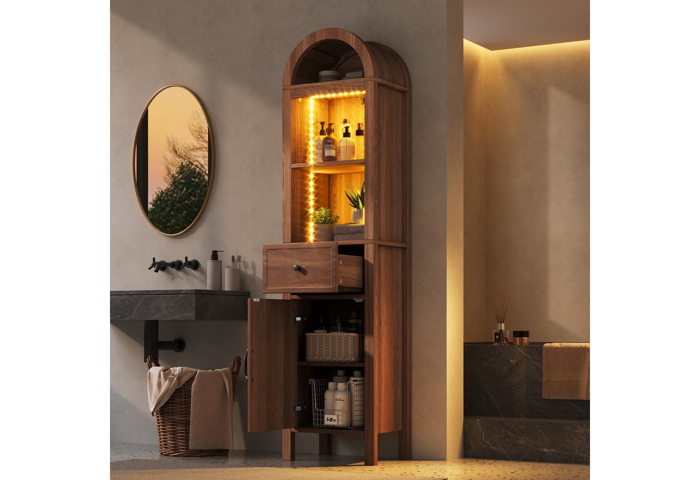 Flieks Badkommode schmal Hochschrank Bogenform mit LED-Beleuchtung, Schubladen (wendbare Tür Links-Rechts-Design, Magnetverschluss, Soft-Close-Funktion, 1 St.,  – Bild 3 von 5