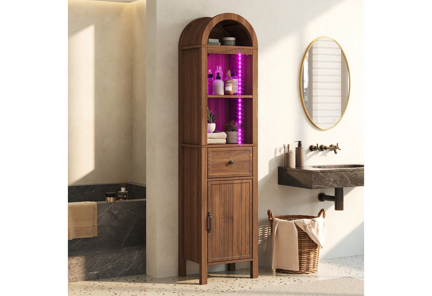 Flieks Badkommode schmal Hochschrank Bogenform mit LED-Beleuchtung, Schubladen (wendbare Tür Links-Rechts-Design, Magnetverschluss, Soft-Close-Funktion, 1 St.,  – Bild 4 von 5
