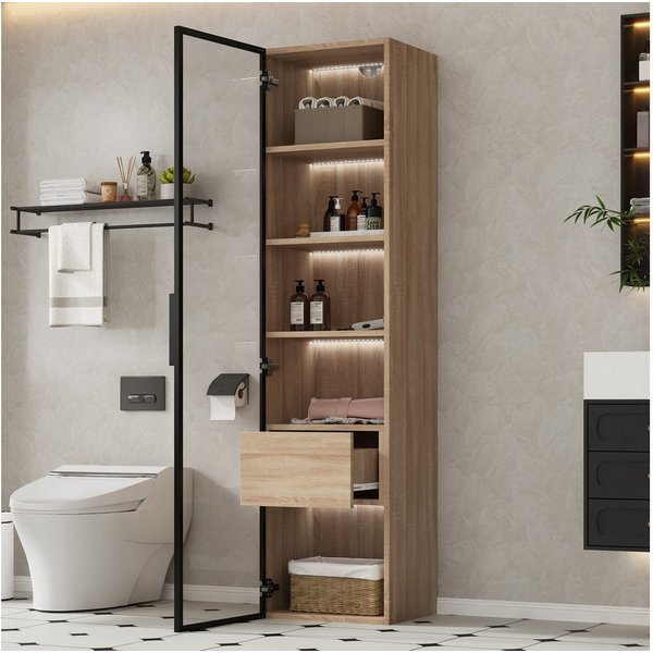 Flieks Badkommode Vitrine mit LED-Beleuchtung und 5 Fächern (1 St., B40/T34,5/H165 cm), Hochschrank mit Glastüren, Schubladen und verstellbaren Einlegeböden