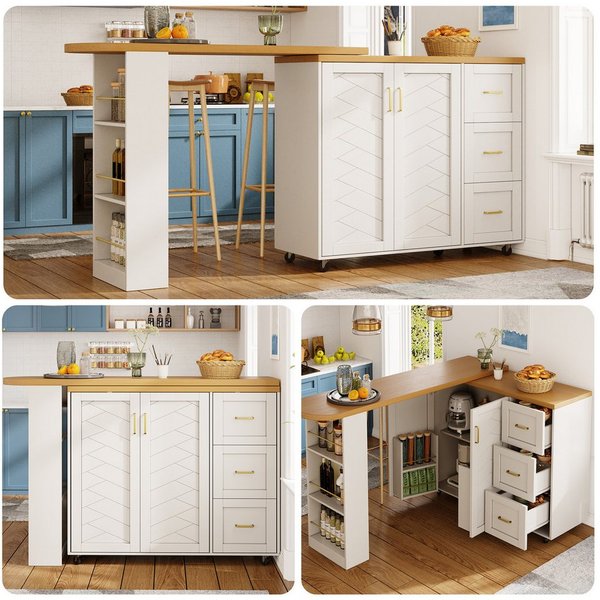 Flieks Bartisch 360° drehbar Esstisch & Mehrzweckschrank (Arbeitsplatte in Holzoptik, Set, 2-St., Stehtisch & Kommode mit Rollen, 3 Schubladen und Türablagen We