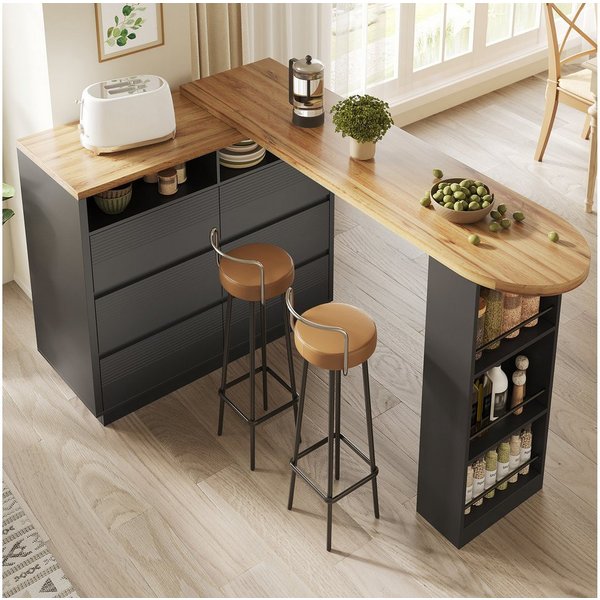 Flieks Bartisch 360° drehbar Esstisch mit Rollen & Kommode mit 6 Schubladen (Tischplatte in Holzoptik, Länge137-215x39 cm, 2-St., 2er Set), Schwenkbar Stehtisch