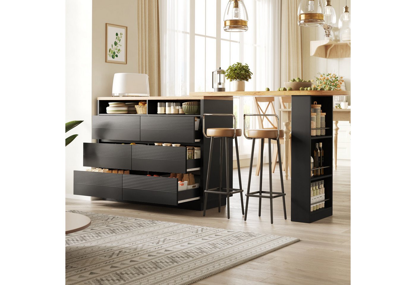 Flieks Bartisch 360° drehbar Esstisch mit Rollen & Kommode mit 6 Schubladen (Tischplatte in Holzoptik, Länge137-215x39 cm, 2-St., 2er Set), Schwenkbar Stehtisch – Bild 2 von 5