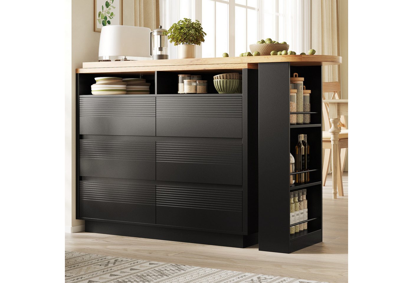 Flieks Bartisch 360° drehbar Esstisch mit Rollen & Kommode mit 6 Schubladen (Tischplatte in Holzoptik, Länge137-215x39 cm, 2-St., 2er Set), Schwenkbar Stehtisch – Bild 3 von 5